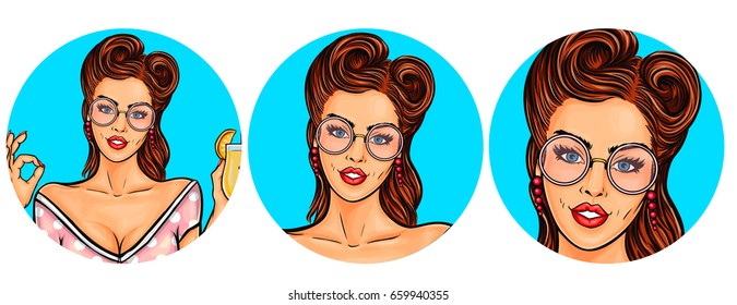 Set of vector illustration, womens pop art round avatars icons for users of social networking, blogs. Girl is holding a glass of cocktail
