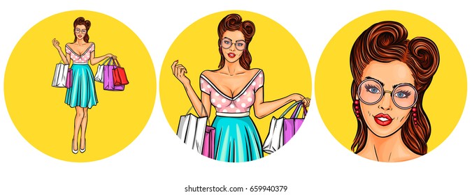 Set of vector illustration, womens pop art round avatars icons for users of social networking, blogs. Girl keeps shopping bags