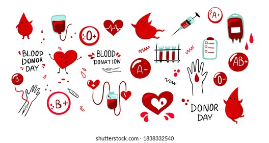 Set of vector illustration for World Blood Donor Day with cute cartoon blood drops character with blood bag. Donation poster or flyer design element.