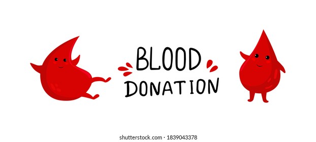 Conjunto de ilustraciones vectoriales para el Día Mundial del Donante de Sangre con tiernos dibujos animados, gotas de sangre, personaje con bolsa de sangre. Cartel de donación o elemento de diseño de volante.