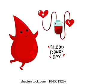Conjunto de ilustraciones vectoriales para el Día Mundial del Donante de Sangre con tiernos dibujos animados, gotas de sangre, personaje con bolsa de sangre. Cartel de donación o elemento de diseño de volante.