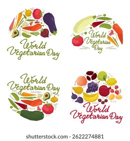 Set. Vector illustration of World Vegetarian Day celebration with various fresh vegetables. Promotes healthy eating and vegetarian lifestyle. Hand drawn