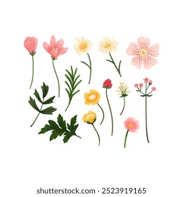 Vektorgrafik von gelben, rosa und orangen Blumen mit grünen Blättern 