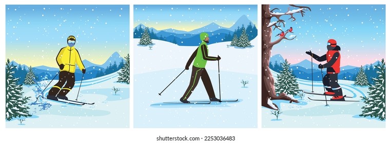 Conjunto de ilustraciones vectoriales de un joven esquiando en las montañas. Recreo y deportes de invierno. estilo de vida activo. deportes extremos.