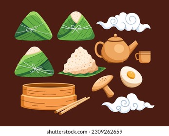 Set of vector illustration of zongzi a traditional Chinese delicacy wrapped in bamboo leaves. with teapot, egg, mushrooms, Chinese clouds.
Chinese traditional food wrapped rice.