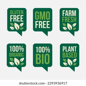 Set of Vector Illustrations. 100% Bio. Nature Ingredients. Templates for Badge, Logo, Tag and Label. Ecological Lifestyle. Objects Isolated on White Background