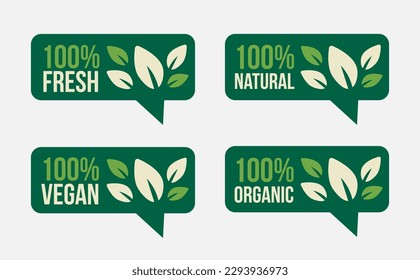 Set of Vector Illustrations. 100% Fresh Product. Nature Ingredients. Templates for Badge, Logo, Tag and Label. Ecological Lifestyle. Objects Isolated on White Background