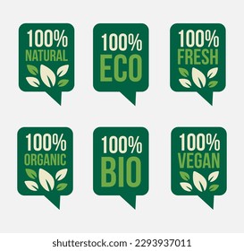 Set of Vector Illustrations. 100% Fresh Product. Nature Ingredients. Templates for Badge, Logo, Tag and Label. Ecological Lifestyle. Objects Isolated on White Background
