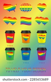 Set of vector illustrations of 100ml single layer paper cups with LGBT logos. Rainbow icon set. Help graphic designer.
