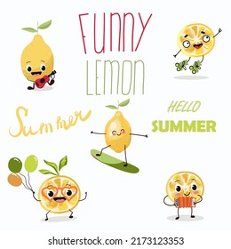 A set of vector illustrations of 5 of a cheerful lemon, a cartoon character, a lemon on rollers, with balls, on a surfboard, with an accordion, lettering funny lemon, hello summer.