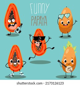 Set of vector illustrations of 5 pieces of funny crazy papaya, cartoon character, papaya on rollers, with a guitar or ukulele, with a banjo, wearing glasses, lettering funny papaya. Summer mood.