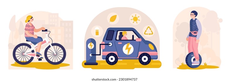 Set of vector illustrations about eco transport. Woman rides bicycle, man rolls on unicycle, man drives electric car. Recharging with solar energy, saving environment. Caring for nature