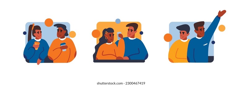 Set of vector illustrations about friendship. Boys and girls spend time together. Nice weekend walk. Leisure time on vacation. Sympathy, mutual understanding, companionship