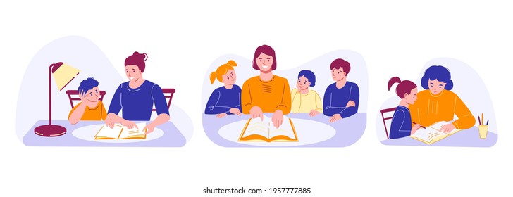 Set of vector illustrations about home schooling. Tutor, mother teaches lessons with children. Flat style. Isolated on a white background.