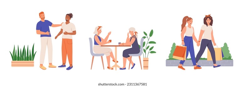 Set of vector illustrations about leisure activities of adults. Vector characters having good time with friends. Meetings in cafe, shopping together. Men have funny dialogue