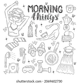 Set of vector illustrations about the morning routine with a sleepy girl, a cat, lettering and objects in black and white doodle style.