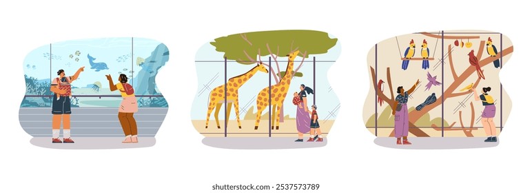 Conjunto de Ilustraciones vectoriales sobre la observación de la vida silvestre. Las familias con niños visitan el oceanario, una reserva natural con jirafas, un aviario con un Grande número de aves tropicales. Observación, estudio