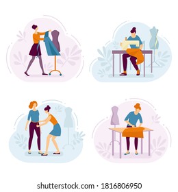 Set of vector illustrations about a sewing workshop. Flat style.