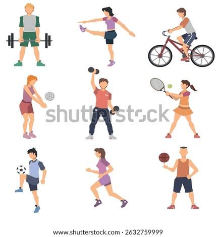 Set of vector illustrations about sports and lifestyle. Gym, cycling, snowboarding, jogging, yoga, athletics, dancing, superheroes, dieting. Vector illustrations set isolated on white background.
