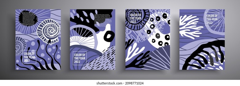 Set of vector illustrations. Abstract background with plants in trendy 2022 very peri color. Beautiful background suitable for cover, poster, brochure, postcards and social media invitations.