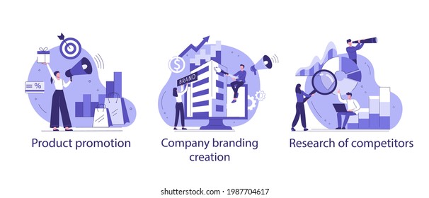 Set of vector illustrations of abstract business concept in flat style. Company branding creation, research of competitors, product promotion.