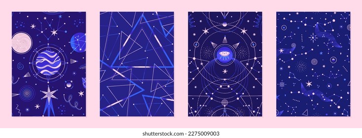 Set of vector illustrations of abstract celestial bodies. Constellations, stars, planets. Space universe. Esoteric cosmic designs for posters, notebook covers. Blue and golden colors