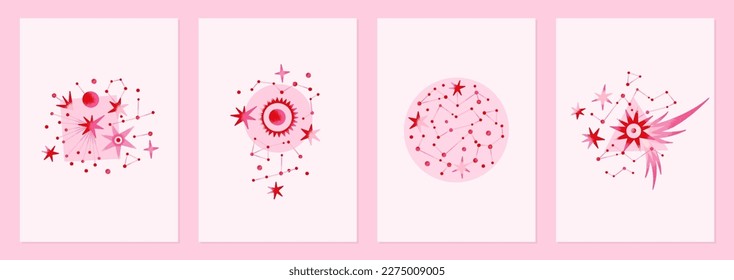 Conjunto de ilustraciones vectoriales de cuerpos celestes abstractos aislados sobre fondo blanco. Constelaciones, estrellas, planetas. Universo espacial. Diseños cósmicos esotéricos para afiches, cuaderno. Rojo y rosa