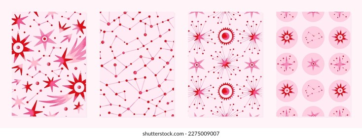 Conjunto de ilustraciones vectoriales de cuerpos celestes abstractos. Patrones de constelaciones, estrellas, planetas. Universo espacial. Diseños cósmicos esotéricos para carteles, portadas para portátiles. Colores rojo y rosa