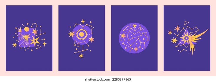 Set of vector illustrations of abstract celestial bodies. Constellations, stars, planets. Space universe. Esoteric cosmic designs for posters, notebook covers. Purple and yellow colors