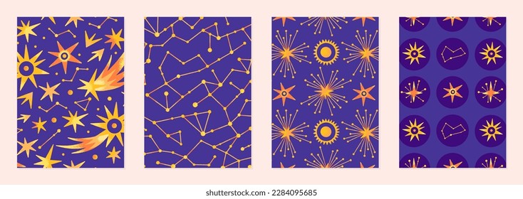 Set of vector illustrations of abstract celestial bodies. Patterns of constellations, stars, planets. Space universe. Esoteric cosmic designs for posters, notebook covers. Purple and yellow colors