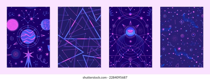 Conjunto de ilustraciones vectoriales de cuerpos celestes abstractos. Constelaciones, estrellas, planetas. Universo espacial. Diseños cósmicos esotéricos para carteles, portadas para portátiles. Colores azul y rosa