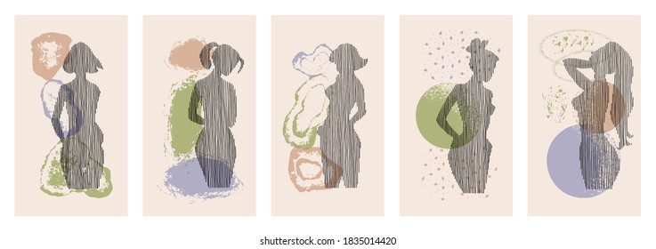 A set of vector illustrations with an abstract composition of girls and figures in a fashionable modern collage style. For use as a poster, postcard, poster, phone background, social media message.