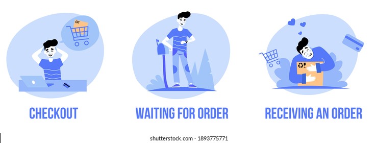 Set of vector illustrations of abstract concept of online ordering, receiving an order and joy of shopping