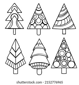 Set of vector illustrations of abstract fir trees. Black contour drawing on a white background.