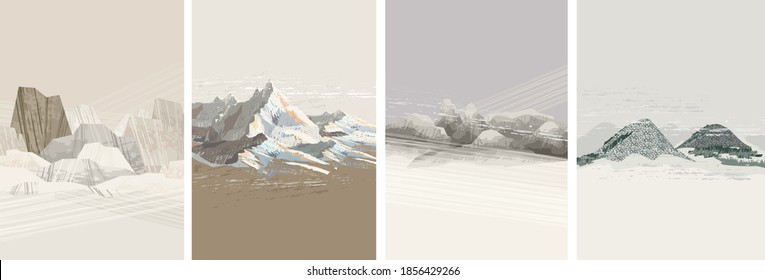 Set of vector illustrations. Abstract mountain landscapes.. Stylized graphics. Pastel colors, Scandinavian style.