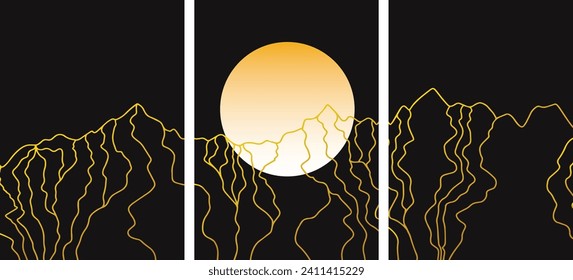 Set of vector illustrations of abstract mountains, moon, sun, nature. Gold color, minimalist illustration. Vector file, design elements. Banner, poster, cover, flyer template. cards.