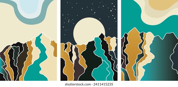 Set of vector illustrations of abstract mountains, moon, sun, nature. Gold color, minimalist illustration. Vector file, design elements. Banner, poster, cover, flyer template. cards.