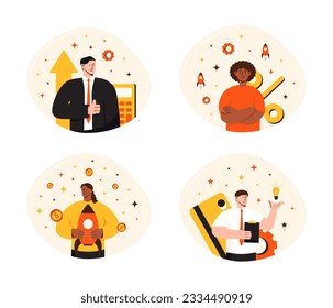 Set of vector illustrations of an abstract picture of a business incubator. Startup accelerator, venture investment fund, startup mentorship, business opportunity.