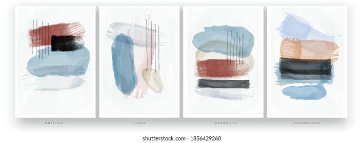 A set of vector illustrations. Abstract watercolor painting. Minimalistic style, pastel colors, Scandinavian style. Brush strokes and lines drawn with a brush. 