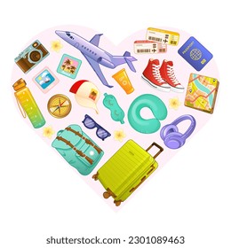 Conjunto de ilustraciones vectoriales de accesorios para viajes y turismo, acampadas en forma de corazón en estilo plano de dibujos animados