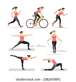 Set of vector illustrations active young woman. Roller skating, bicycling, running, yoga, jumping. Healthy lifestyle.