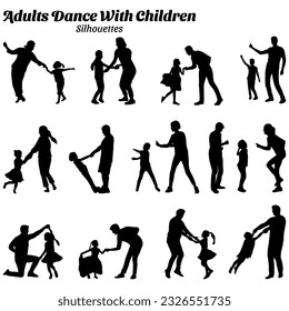 Set of vector illustrations of adult dance silhouettes with children