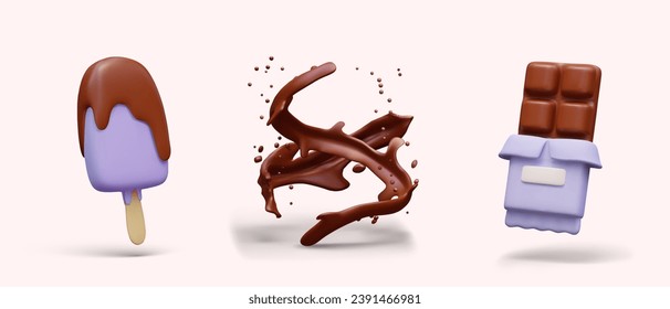 Set of vector illustrations for advertising chocolate ice cream. Realistic popsicle with topping, jets and splashes of, half opened chocolate bar. Creative template