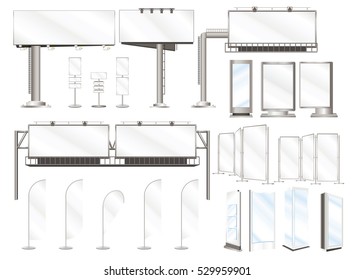 Set vector illustrations of advertising constructions and outdoor billboard