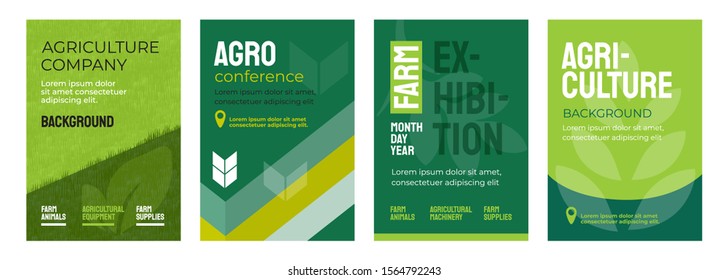 Set of vector illustrations with agricultural concept. Design for agro conference, farm exhibition. Group of agri poster with geometrical composition. Background for banner, flyer, layout, cover, ad.
