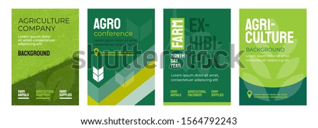 Set of vector illustrations with agricultural concept. Design for agro conference, farm exhibition. Group of agri poster with geometrical composition. Background for banner, flyer, layout, cover, ad.