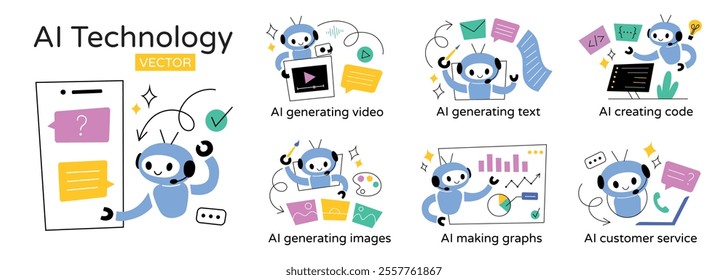 Set of vector illustrations of AI technology. Cute robots performing tasks, generating video, creating text, and offering customer service. Artificial intelligence doodle icons. Flat cartoon design