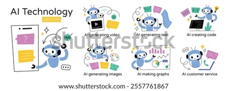 Set of vector illustrations of AI technology. Cute robots performing tasks, generating video, creating text, and offering customer service. Artificial intelligence doodle icons. Flat cartoon design