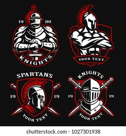 Set of vector illustrations with ancient warriors. Logo design of knights and spartans on dark background. 