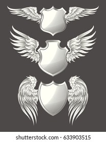 Set of vector illustrations of angelic or bird wings with heraldic shields isolated on dark background, sketch, design element